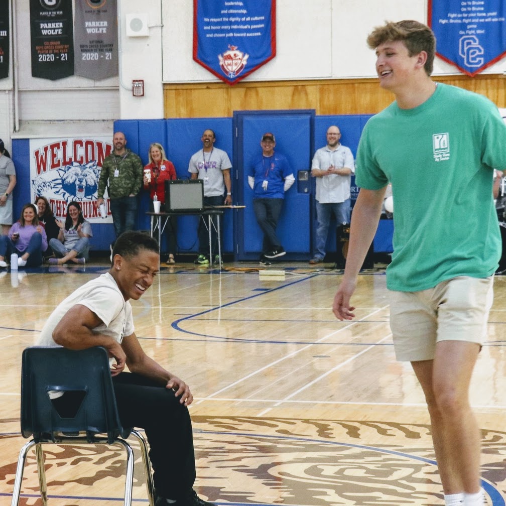 Last two in musical chairs at eh Cherry Creek High School Pep Rally