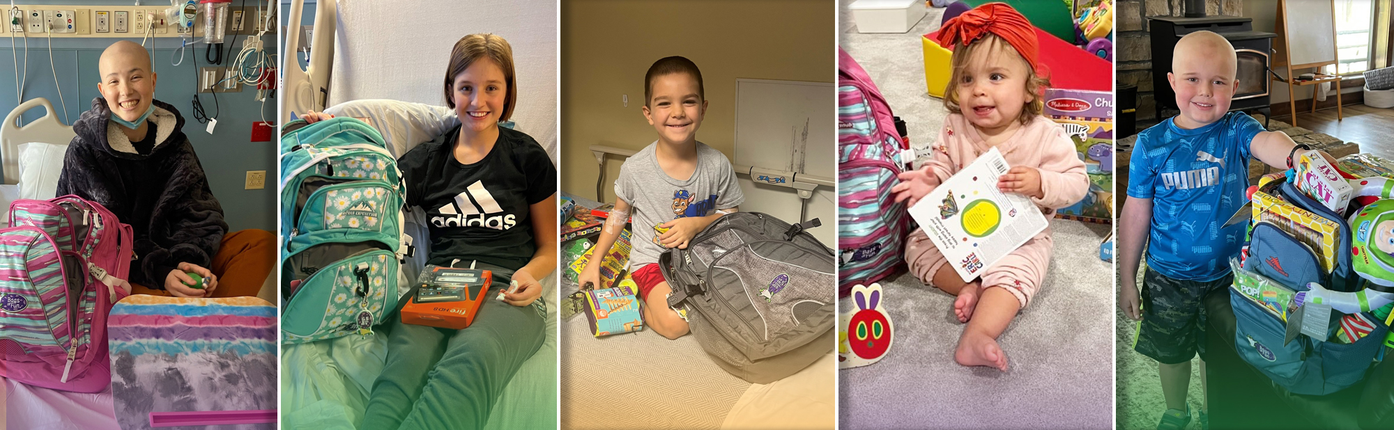 5 different images of kids with their Bags of Fun smiling.