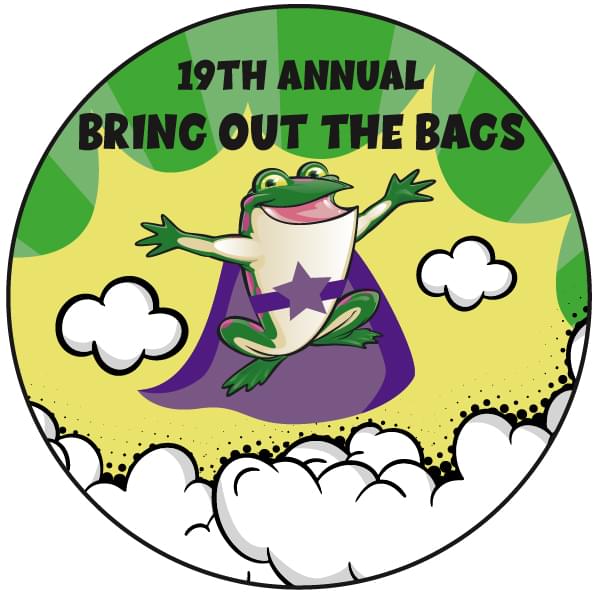 The Bags of Fun frog logo with a purple super hero cape and purple star belt. The frog is flying above the clouds and there is a yellow sun and green rays behind.