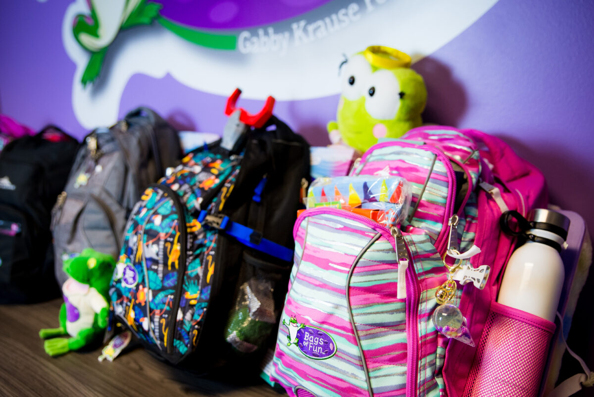 A very similar image as the previous one but we have more of a straight on side angle of the backpacks. They are also lined up in a row and we see a stuffed animal frog on the table and one in the back behind the backpacks but elevated a little so it is level with the top of the backpacks.
