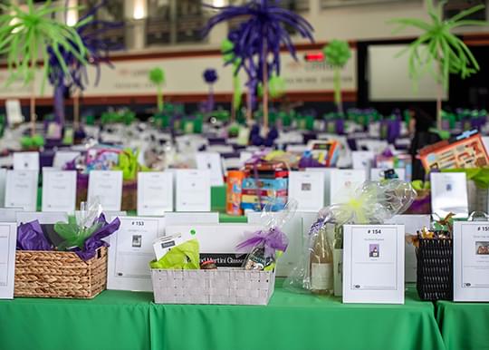 We are looking at rows and rows of auction items. The back rows are blurred out but we do see some nicely wrapped wine bottles, A martini kit of some sort, and lots of numbered signs propped up on the tables identifying different auction items. There appears to be some hanging purple and green decorations. They each look like the have all this wiggling arms sticking out the center, but it is hard to make out what they are since they are very blurry.