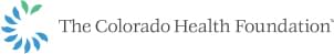 The Colorado Health Foundation Logo - To the left of the text there is illustrations of what appears to be leaves around 3/4ths of an invisible circle. All the leaves are blue except the top two are green. The text is in gray.