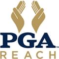 PGA Reach logo - PGA is dark blue and bigger than reach, which is in gold under the PGA text. Above PGA there are two gold illustrated hands that look like they are cupping the white space between them.