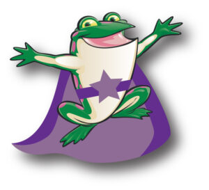 Bags of Fun frog illustration with a cap and star belt